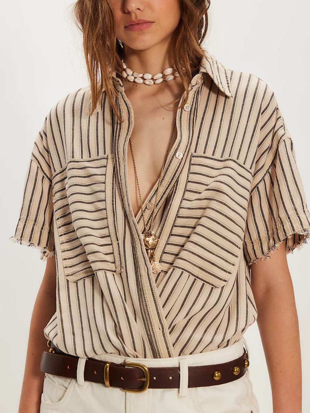 FREE PEOPLE Christopher Linen frayed short- sleeve trim Shirt